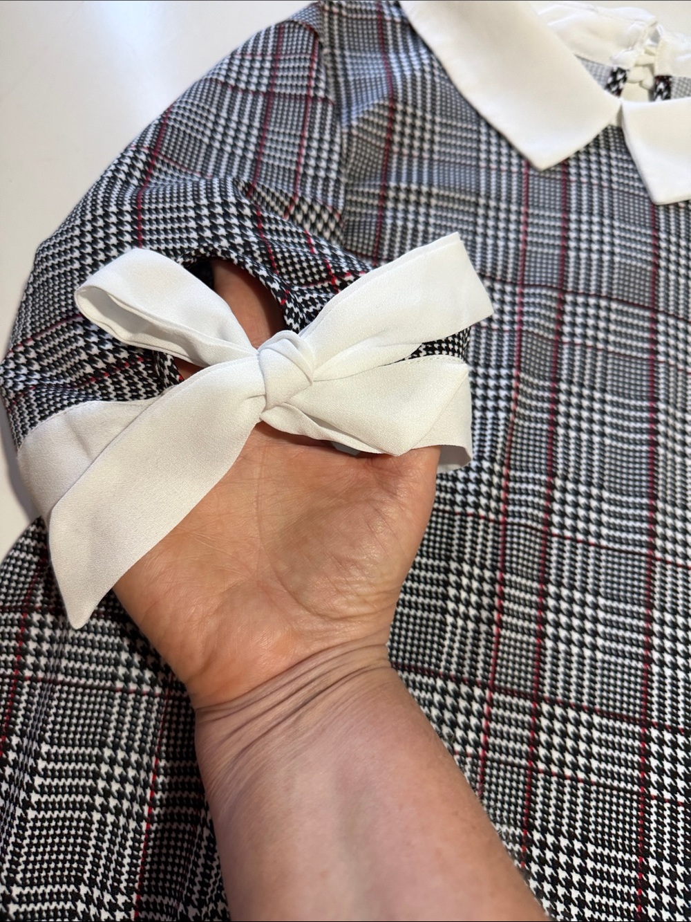Faith and Joy Black & White Plaid Bow Sleeve Blouse - Picture 2 of 6